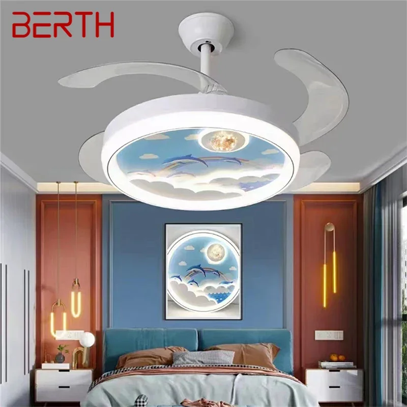 BERTH Nordic Children Stealth Fan Light LED Modern Living room Restaurant Bedroom Ceiling Fan Light Remote Electric Fan Light