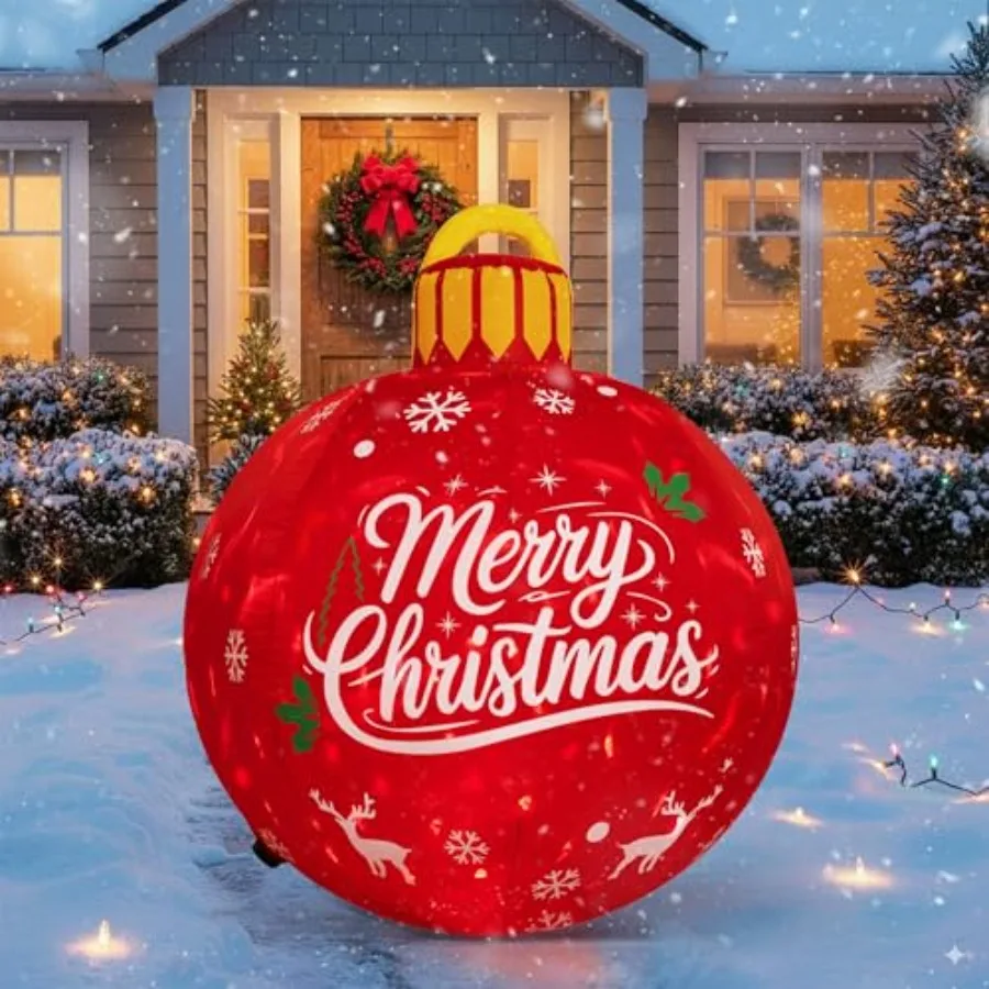 

Outdoor 4ft inflatable Christmas ornament balls in red, PVC material, rotating red LED lights, festive yard and lawn decoration