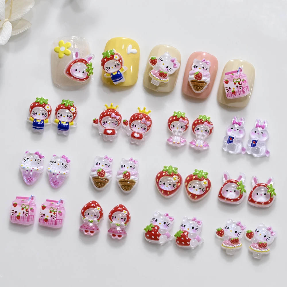 72 szt. Urocze błyskotki do paznokci w kształcie truskawek Hello Kitty, truskawkowy kapelusz, lodowy, półprzezroczysty brokat, sukienka, ozdoby do paznokci z kotem KT
