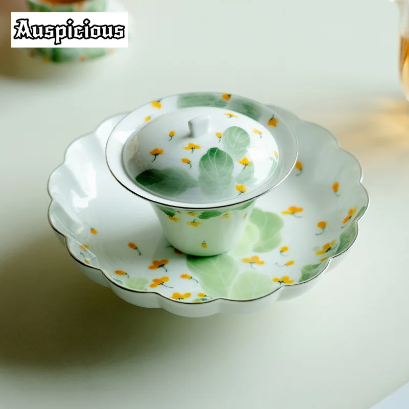 

130ml Hand-painted Outline in Gold Gaiwan Zen Underglaze Color Osmanthus Tea Tureen Household Tea Maker Cover Bowl Teaware Craft