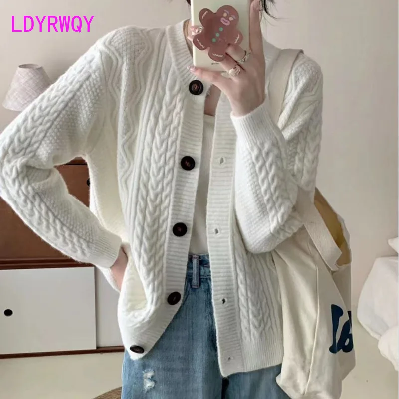 

Autumn and Winter New Round Neck Knitted Cardigan Sweater Women's Solid Loose Relaxed Long Sleeve Sweater Coat