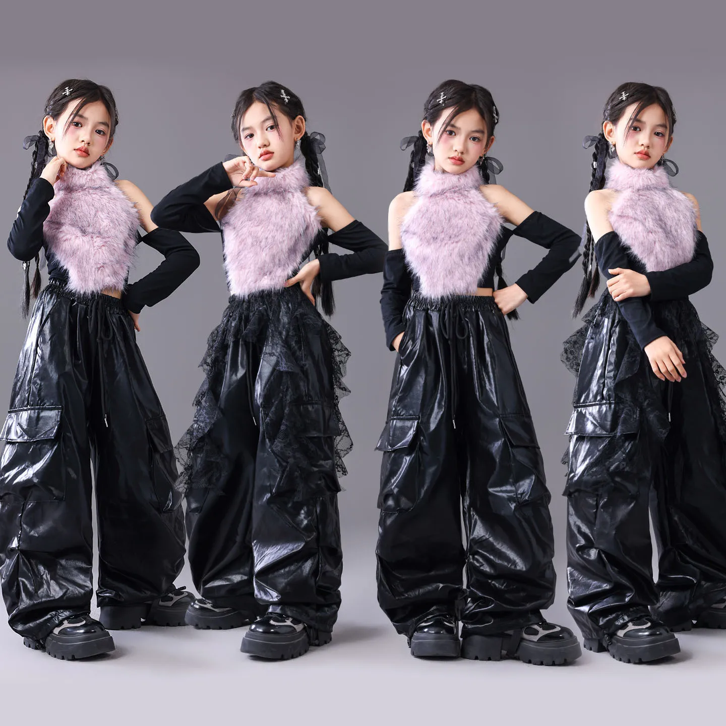 Kid Kpop Hip Hop Clothing Purple Faux Fur Halter Off Shoulder Crop T Shirt Black Parachute Cargo Pants for Girls Dance Costumes