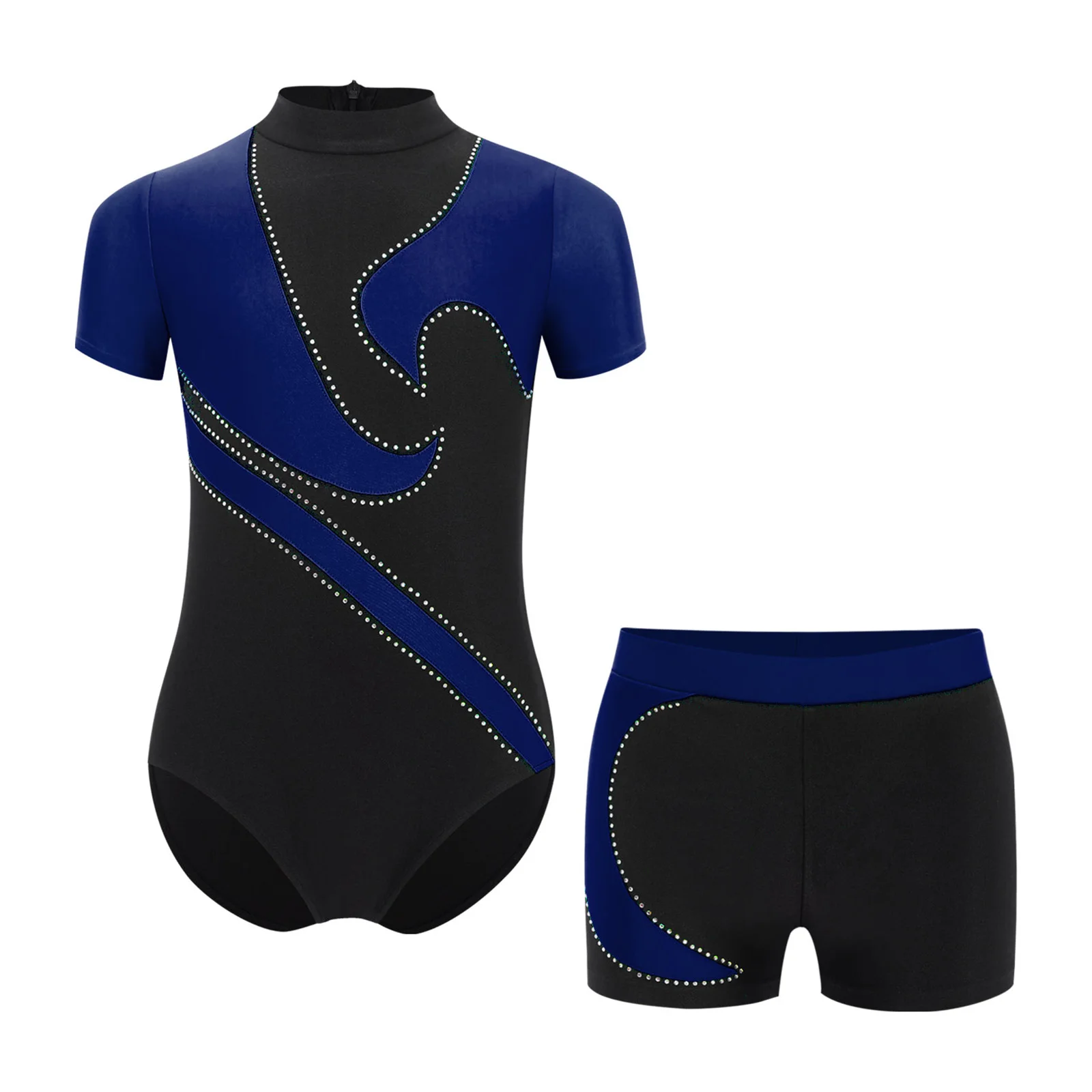 

Boys Figure Skating Gymnastics Outfits Color Block Short Sleeve Leotards Shorts for Ballet Dance Party Performance Competition