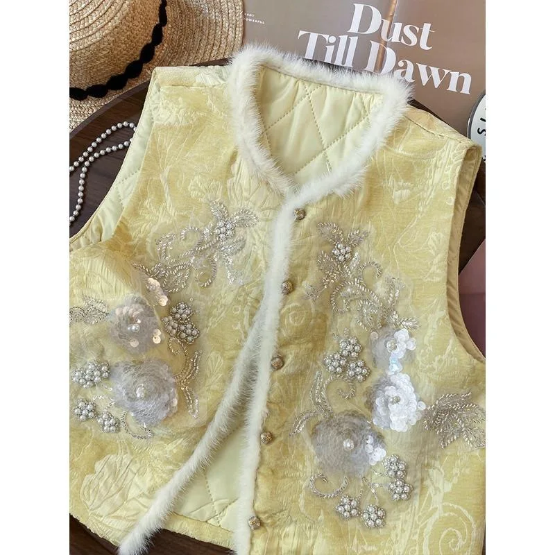 Women Winter Autumn Outdoors Satin Vest Beads Sequins Sleeveless Jacket Round Collar Chinese Style Clothes Vintage Button Blouse
