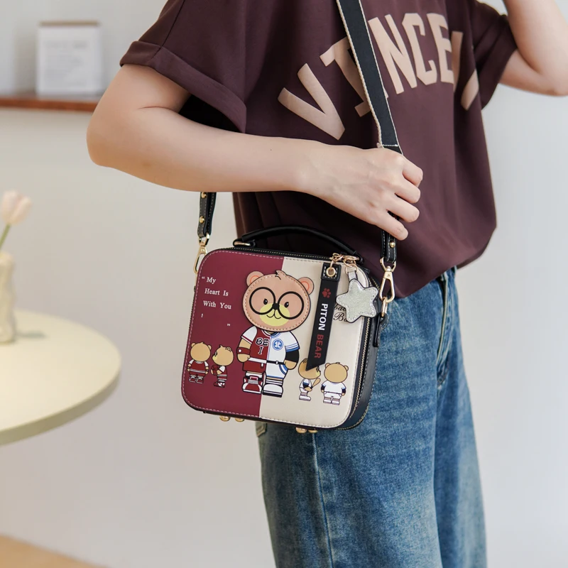 Crossbody Bags For Women 2023 Square Handbag For Girl Original HI-Q Cute Bear PU Leather Shoulder Bag Female Messenger Bag Purse