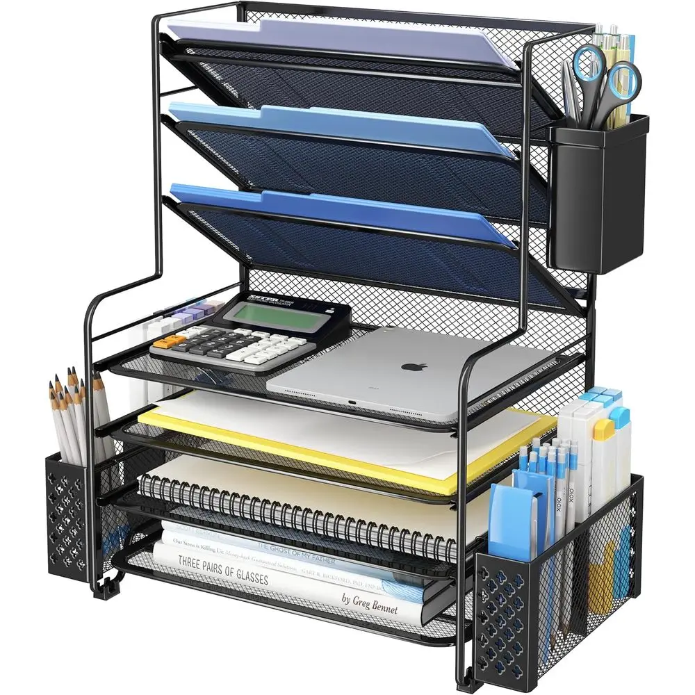 

Простой трендовый 7-уровневый настольный органайзер для файлов, поднос для писем, бумажный органайзер с держателем для ручек и металлической подвесной корзиной, черный