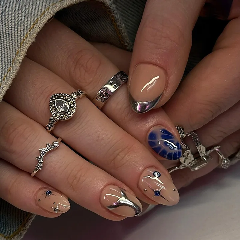 

24PCS Deep Blue Flower Almond Press on Nail with Star Gold French Fake Nail for Women Sweet Cool Wearable Finished Manicure Tips