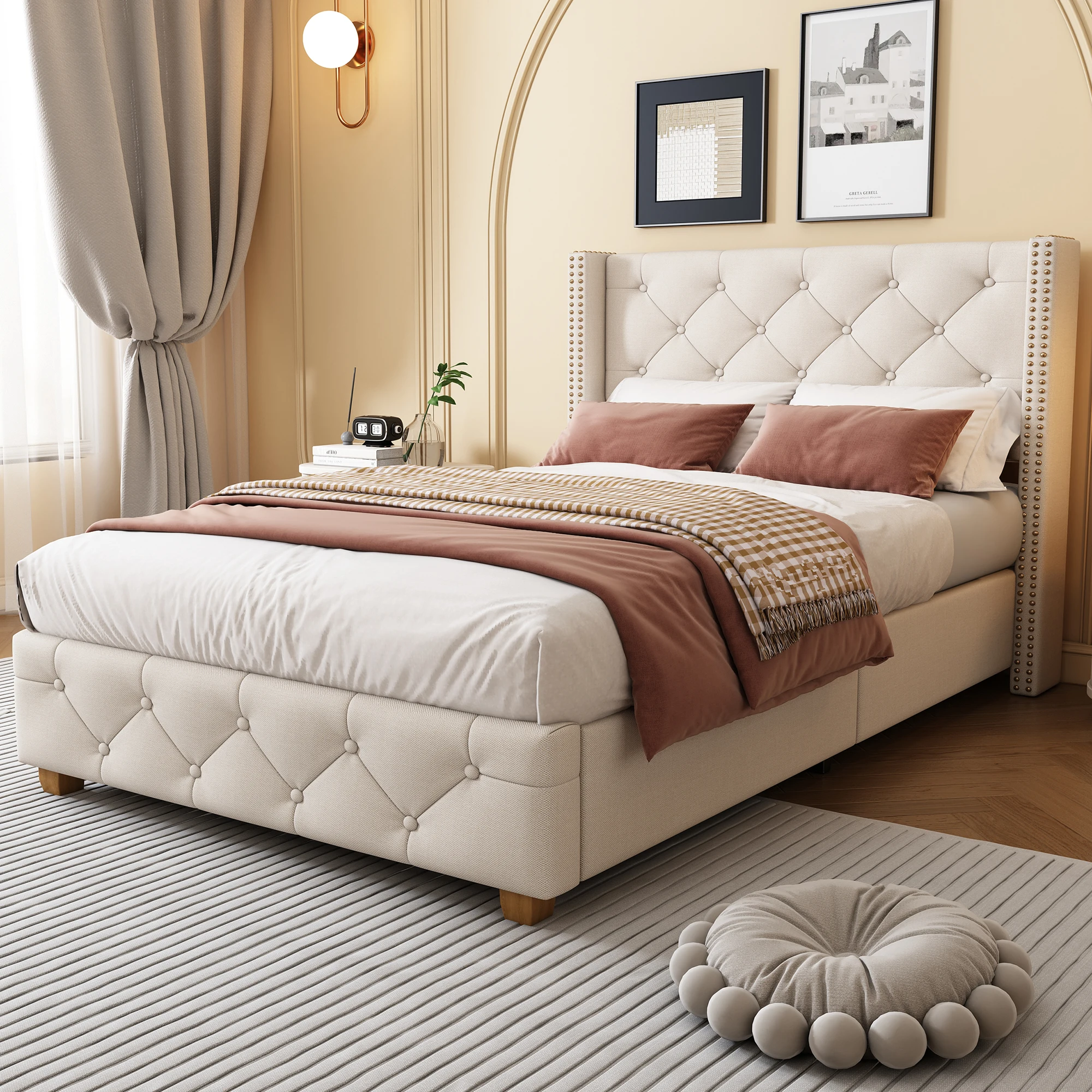 VSOGA cushion bed 90x200 cm with slatted frame and headboard button padding rivet padding wooden legs linen beige