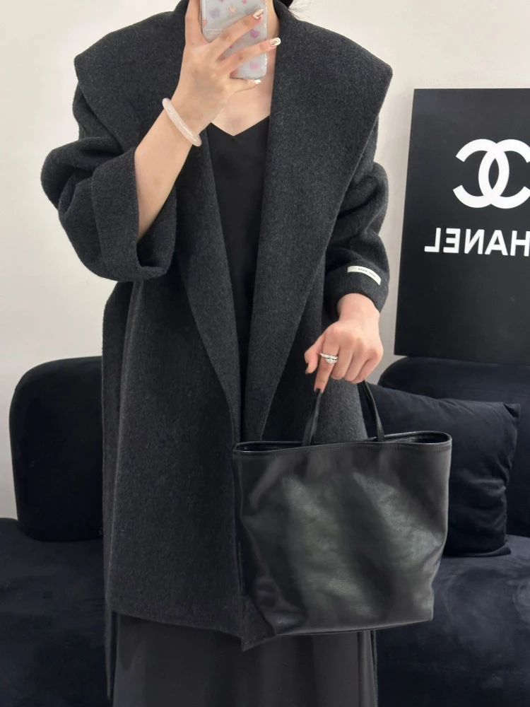 

Big Turn-Down Collar Long Coat Double-Sided Woolen Lace-Up Chic Jacket Women Winter Wool Thick Warm Overcoat 2025 New