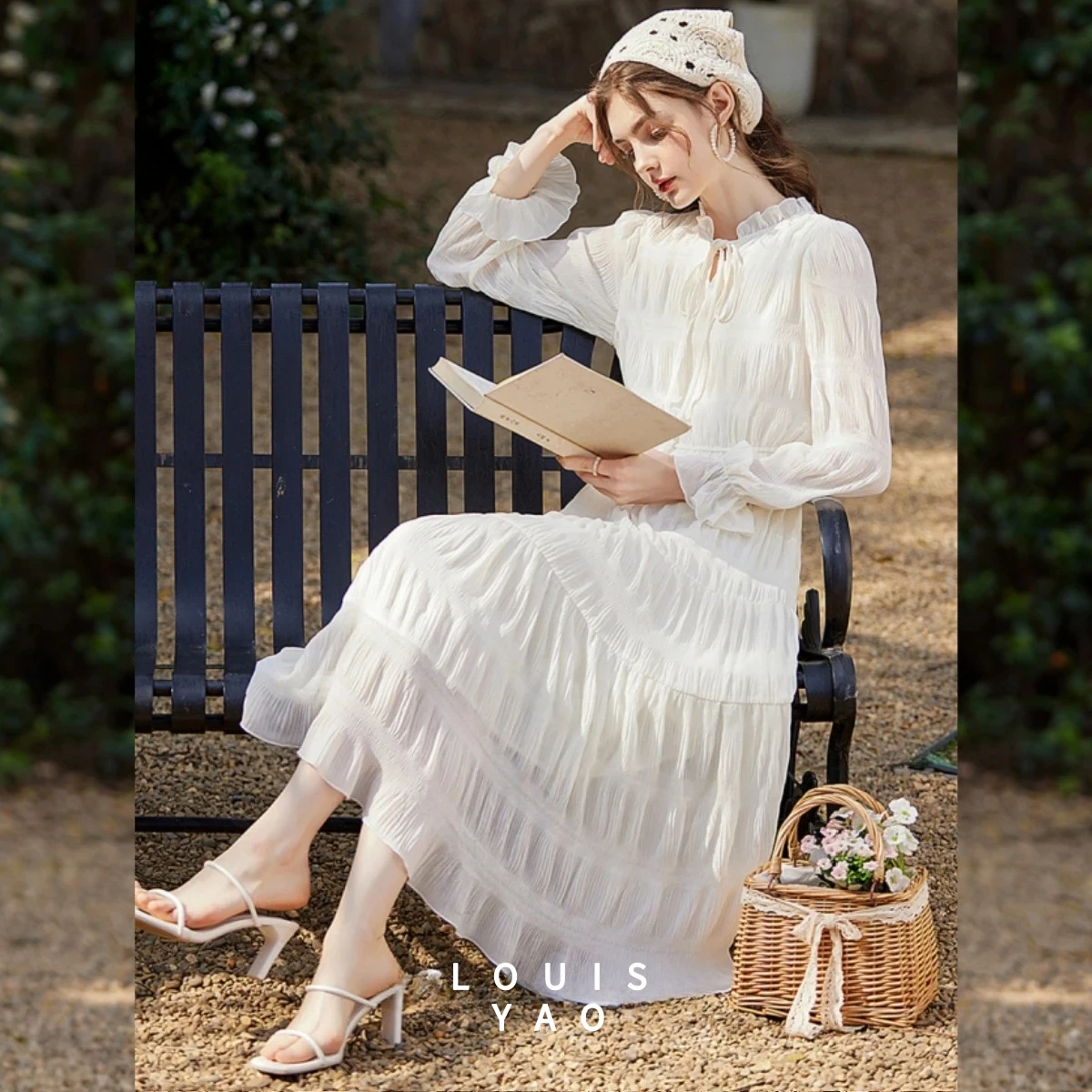 LOUISYAO Tie V-Neck Solid Color Dress 2025 Spring Autumn Women Elegant Sweet Long Sleeve Midi Maxi Dress