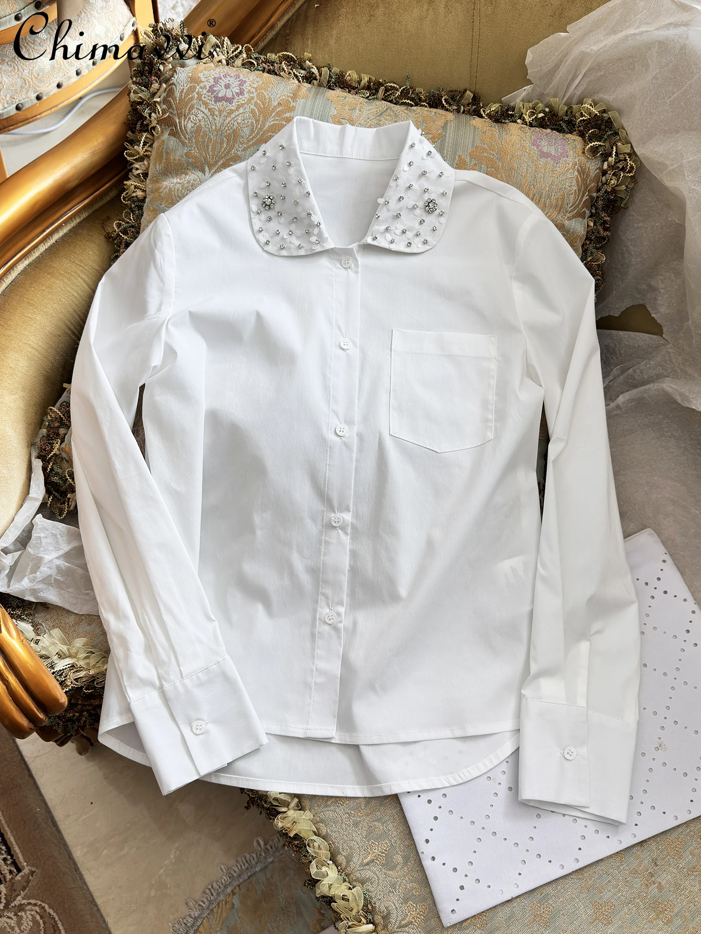 

Fashion Elegant Heavy Industry Beading Sequin Doll Collar Long Sleeve Single-breasted Loose Versatile White Shirts Blouses Women