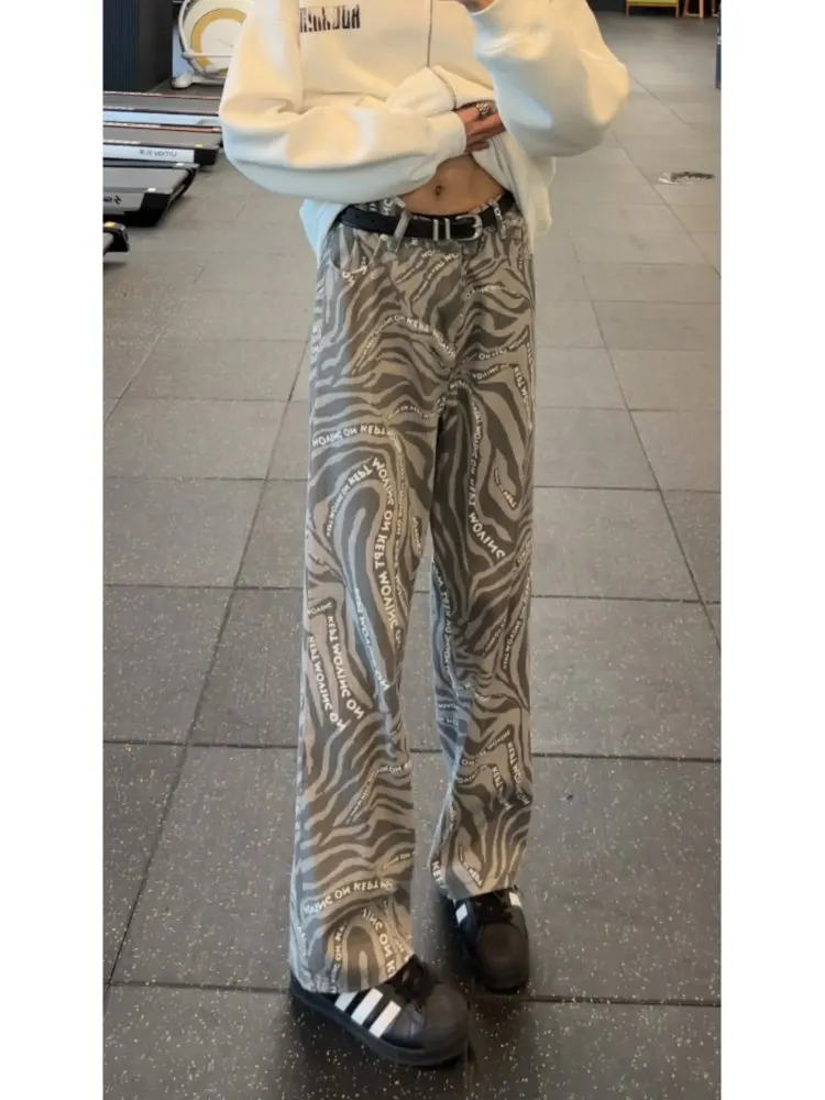 

Zebra Print Letter Floral Loose Fit American Style Jeans Men's Autumn Winter High Street Vibe Long Pants Wide Leg Jeans