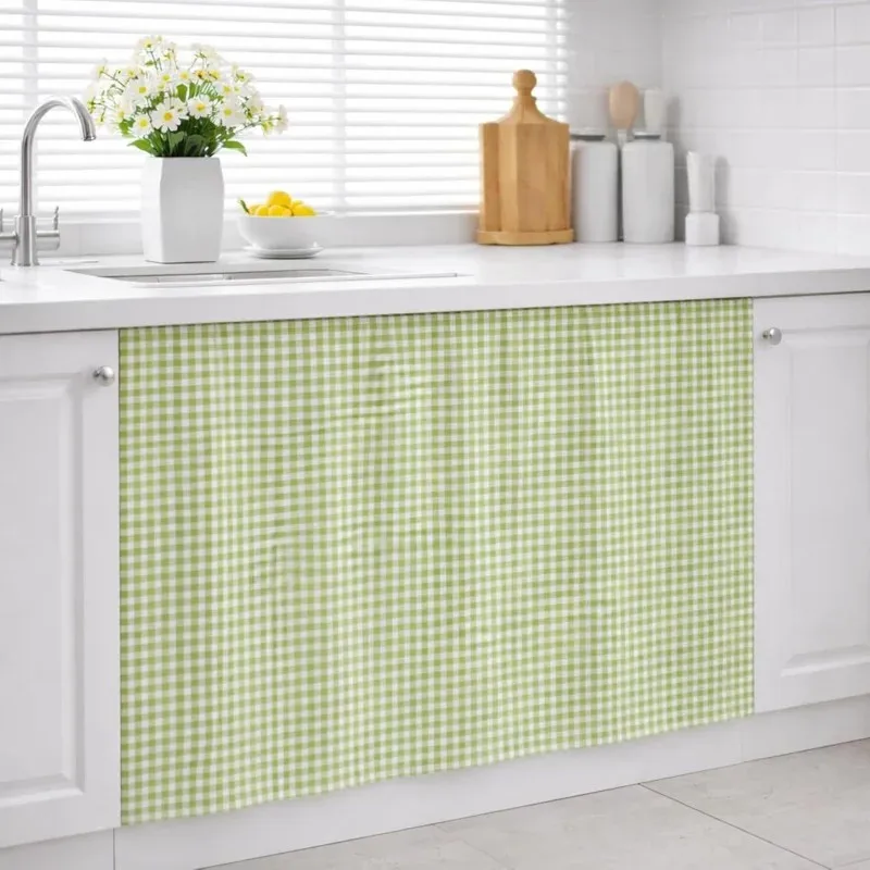 VIKAMA Summer Color Checkered Dishwasher Cabinet Hidden Curtain Sink Skirt, Self-Adhesive Short Curtain Cover Dust-Proof Curtain