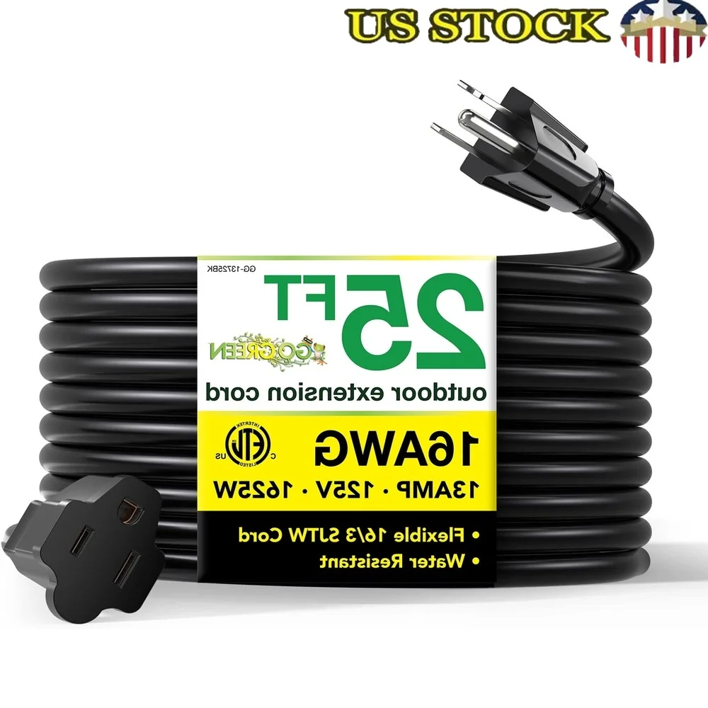 

Сверхмощный внешний удлинитель длиной 25 футов, 16/3 SJTW, литая вилка, влагостойкая, устойчивая к истиранию, ETL, внесенная в списке, 13 А, 1625 Вт