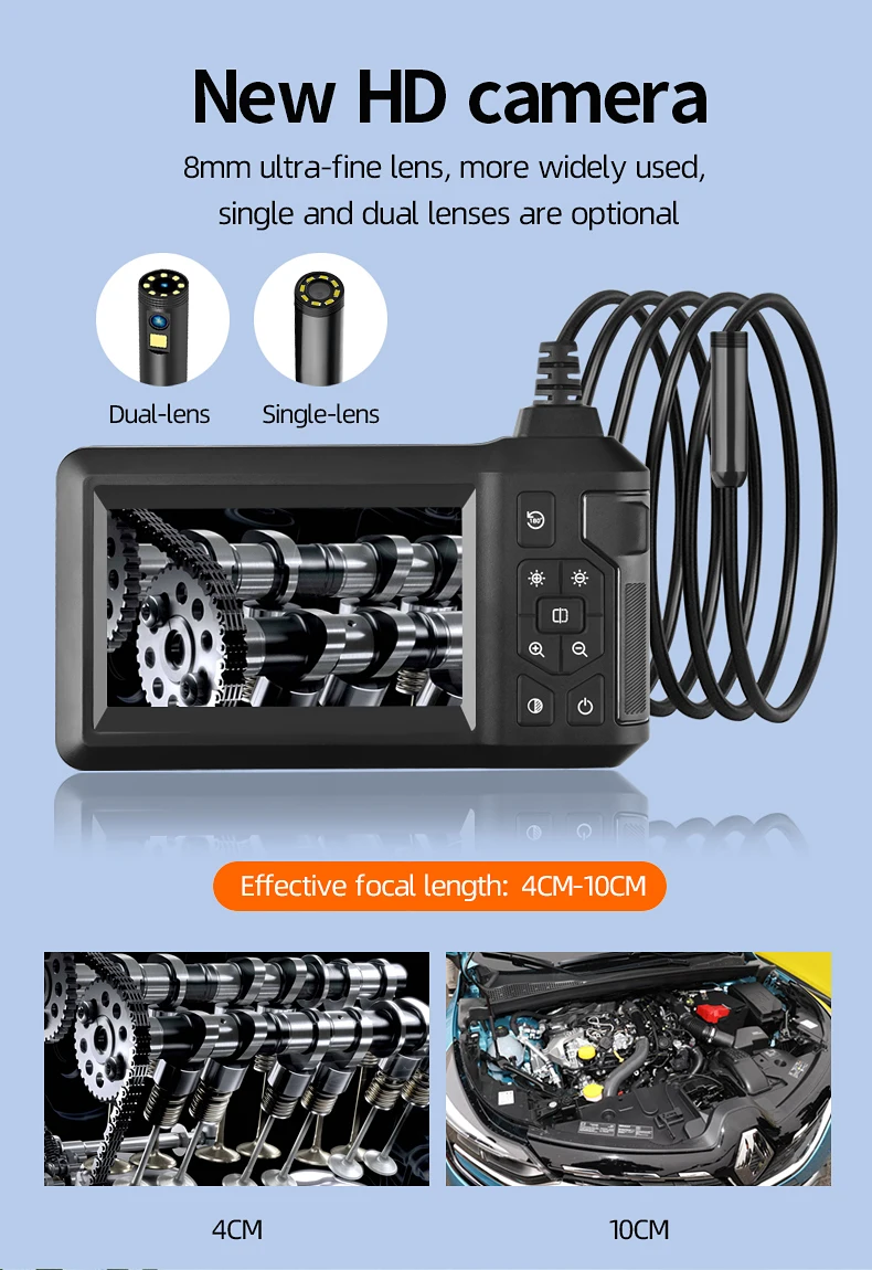 Dual Lens Industrial Endoscope Camera 4.3'' IPS Screen HD1080P Rigid Cable Pipe Sewer Inspection Borescope IP67 Waterproof
