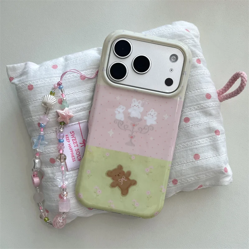 Cute Pink Green Color Block Phone Case For iPhone 17 16 15 14 Pro Max Bunny Rabbit Teddy Bear Star Beaded Strap Protective Cover
