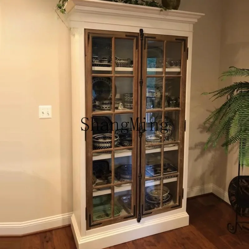 ZJH retro solid wood bookcase glass door dustproof storage contrasting color design display cabinet integrated bookcase