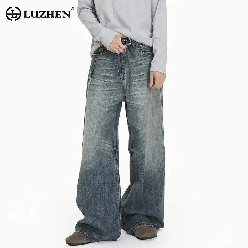 LUZHEN Jeans Vintage Style Washed Straight Casual 2026 Original Men's Fashion Handsome High Quality Wide Leg Denim Pants JY9152