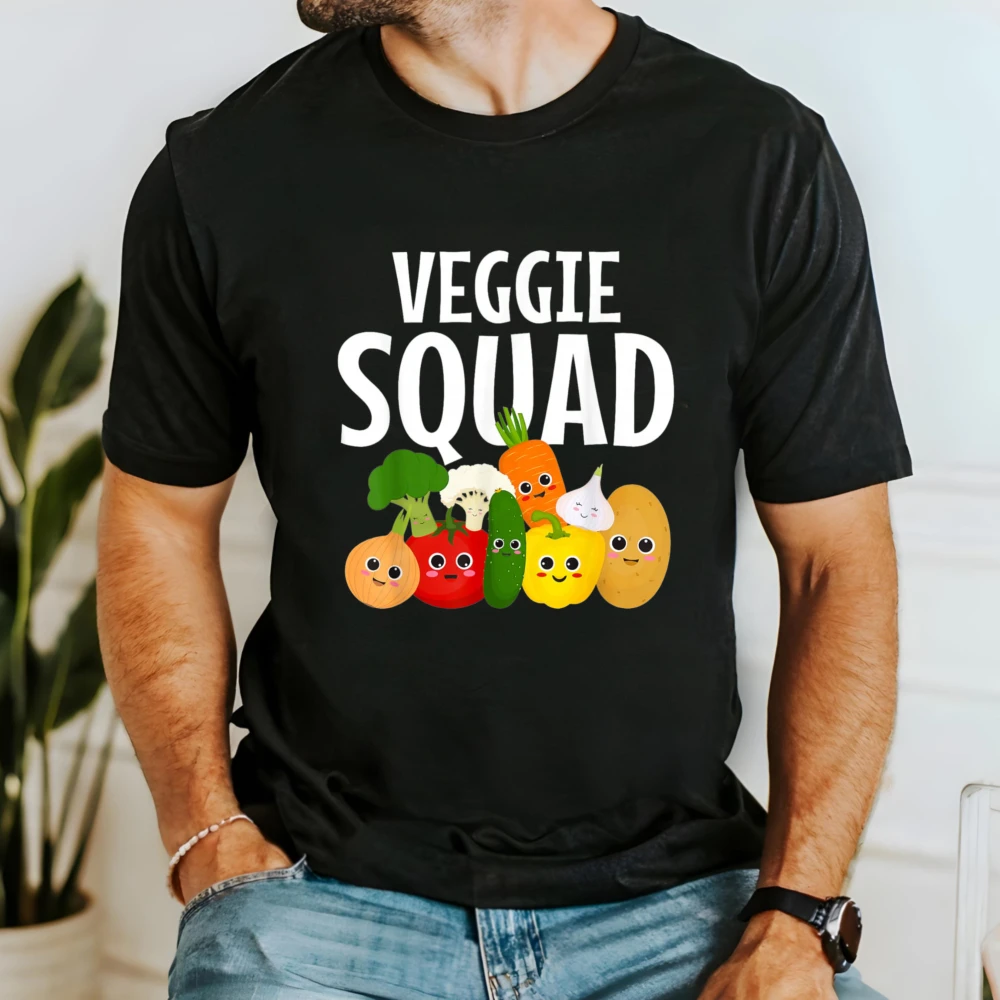 Veggie Squad Cartoon Vegetable Graphic Tee Vegan Vegetarian Healthy Lifestyle Cotton Short Sleeve Casual Food Lover Daily Tops