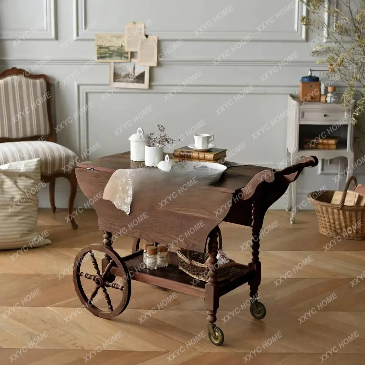 Y French dining car living room mobile retro solid wood trolley all solid wood ash wood edge few