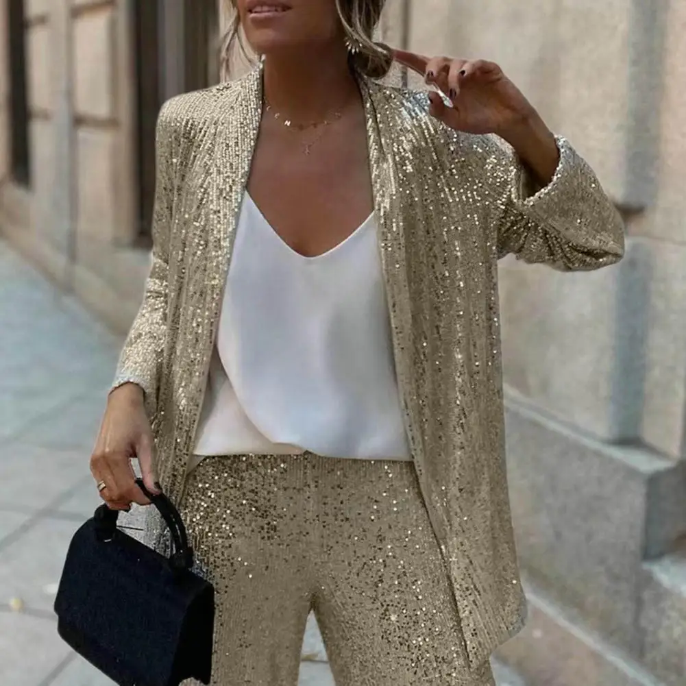 Women Sequins Jacket Coat Shinny Sequins Suit Pant Coat Shiny Fashion Commute Mid Length Cardigan Coat High Waist Wide Leg Pants