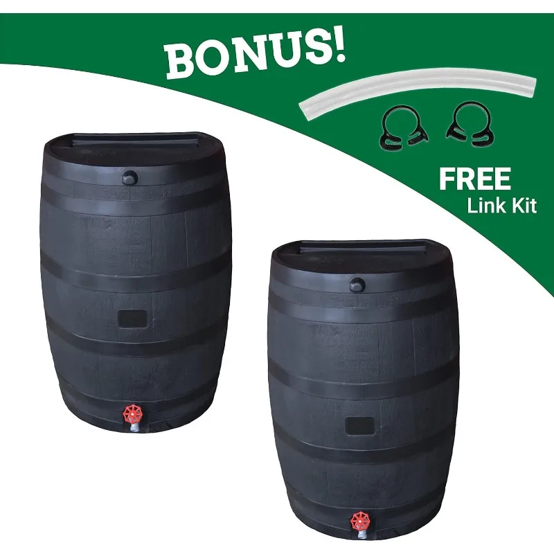 100% Recycled Polyethylene 50 Gallon Flat Back Rain Barrel with Link Kit, Black (2 Pack)