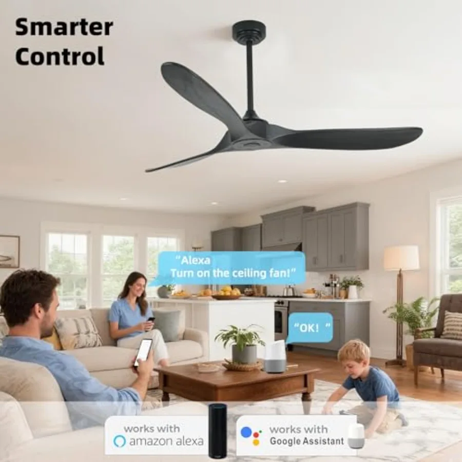 Outdoor ceiling fan for patio and porch, wood 3-blade, black, quiet DC motor with 6 speeds and smart remote/voice control for A