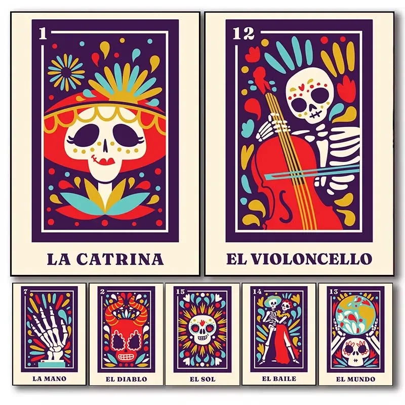 Vintage Mexican Skeleton La Catrina Muertos Canvas Painting Tarot Day of The Dead Art Wall Poster Prints Picture Room Home Decor