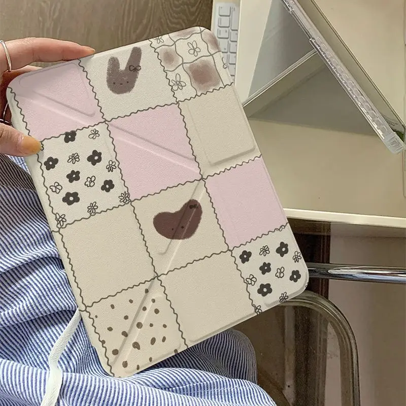 Niche Plaid Flowers iPad Case For iPad Pro 11 13in 2025 iPad Pro 12.9in Air7 10th 11th M4 M5 MINI Y-Shaped Folding TABLET Cover