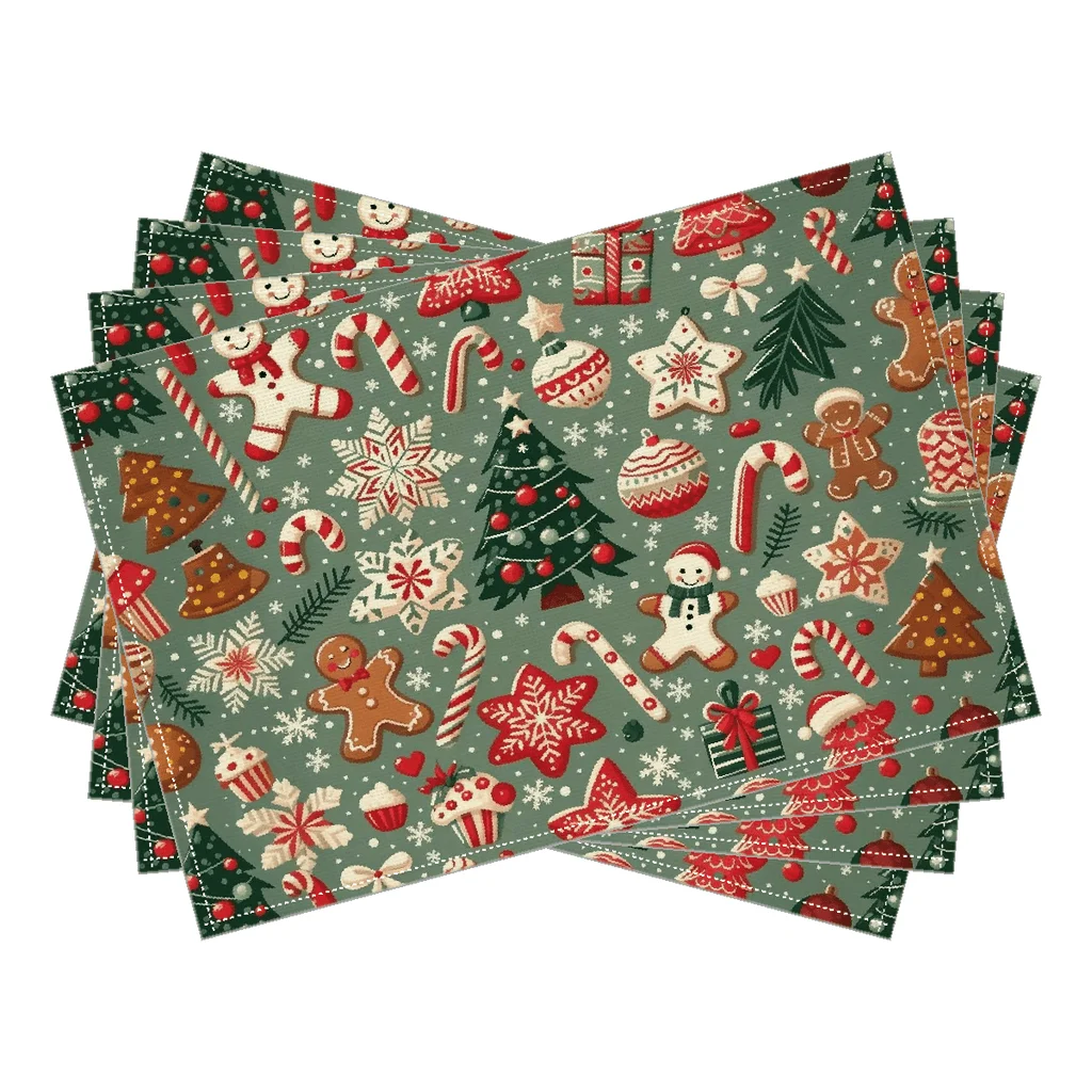 4pcs Dark Background Christmas Tree Snowman Placemats, Festive Table Decor for Holiday Dinners & Parties, 2D Flat