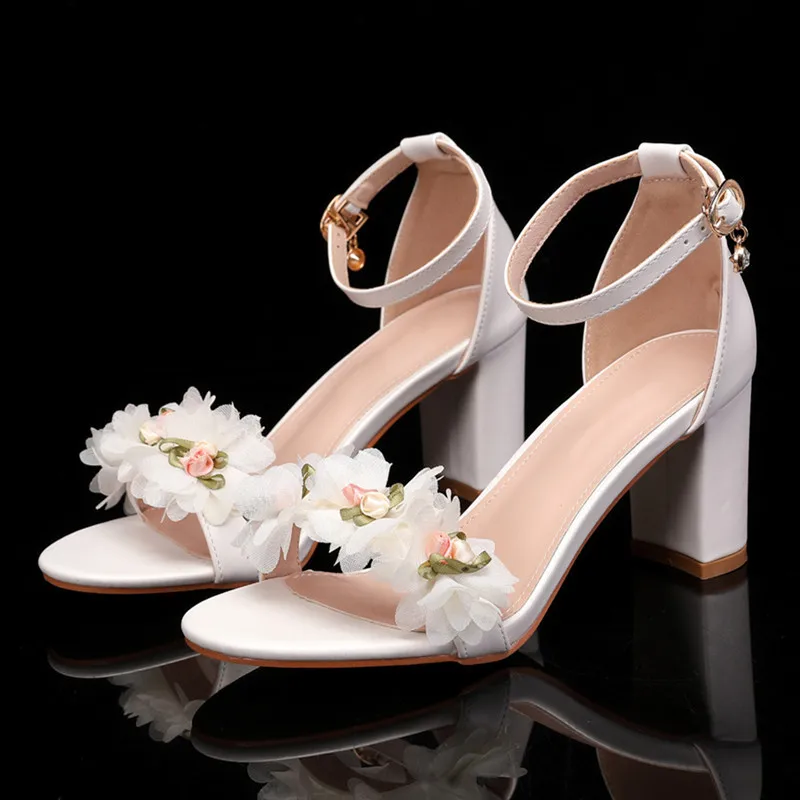 Fashion Summer Lace Flowers Pearls Ankle Strap Women Sandals Big Size 35-43 Thick High heels Sweet Girls Party Prom Shoes