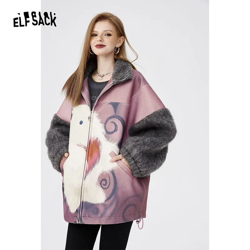 ELFSACK Harajuku Fleece Printed Spliced Jackets Woman 2023 Winter New Kawaii Designer Outwears