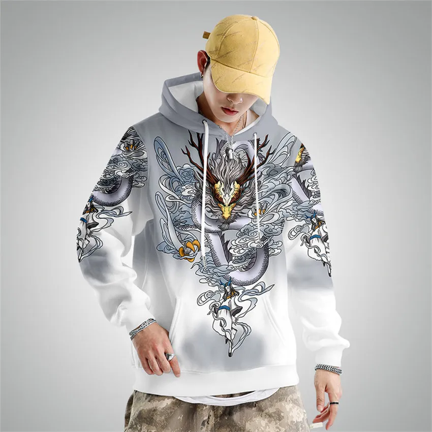 Sudadera con capucha con estampado de dragón chino de Anime para hombres y mujeres, de manga larga Sudadera con capucha, disfraz de Cosplay, abrigos casuales Harajuku