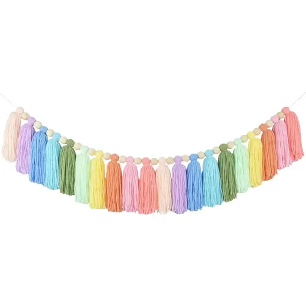 Pastel Rainbow Tassel Garland Colorful Banner Pom Pom Spring Easter Garland Wood Bead Fiesta Girls Bedroom Wall Baby Decor