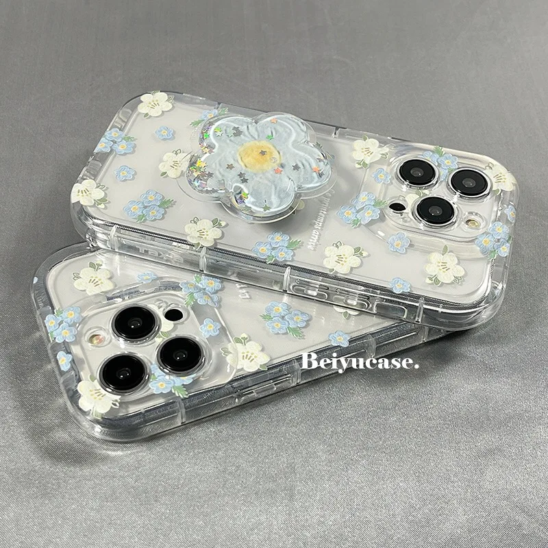 For Redmi 9A 9C 10C 12C 9T Note 8 9S 9 10 Pro 11S 11 12 Pro 13 4G 5G Chic Flower Grip Tok Quicksand Holder Soft Phone Case