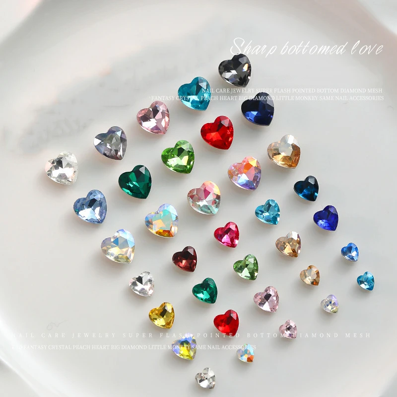 30/100Pcs Heart Pointed Bottom Nail Art Rhinestone Flash High Quality Glass Crystal Stone 3D Manicure DIY Decoration Accessories