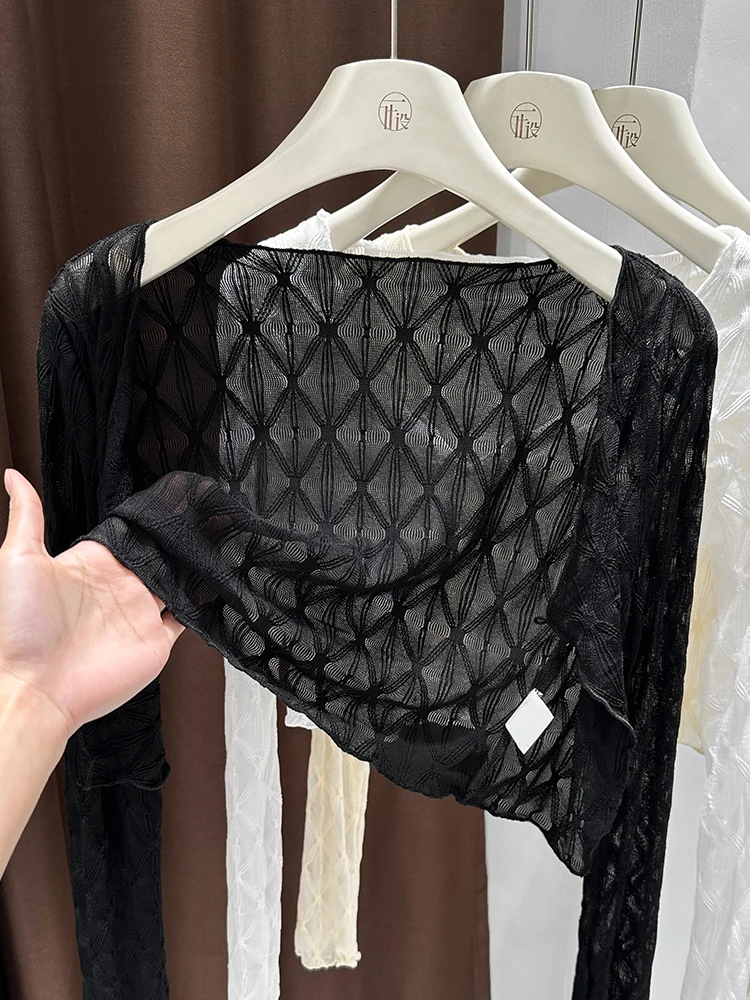 Pure Desire Long Sleeve Lace Open Cardigan Women's Summer Thin Veil Strap Outer Small Shawl Perforation Sunscreen Cover up Top