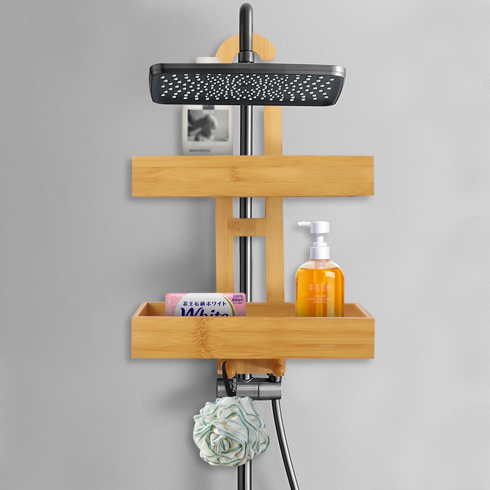 Bamboo Hanging Shower Caddy, Natural & Waterproof Bamboo Shower Rack w