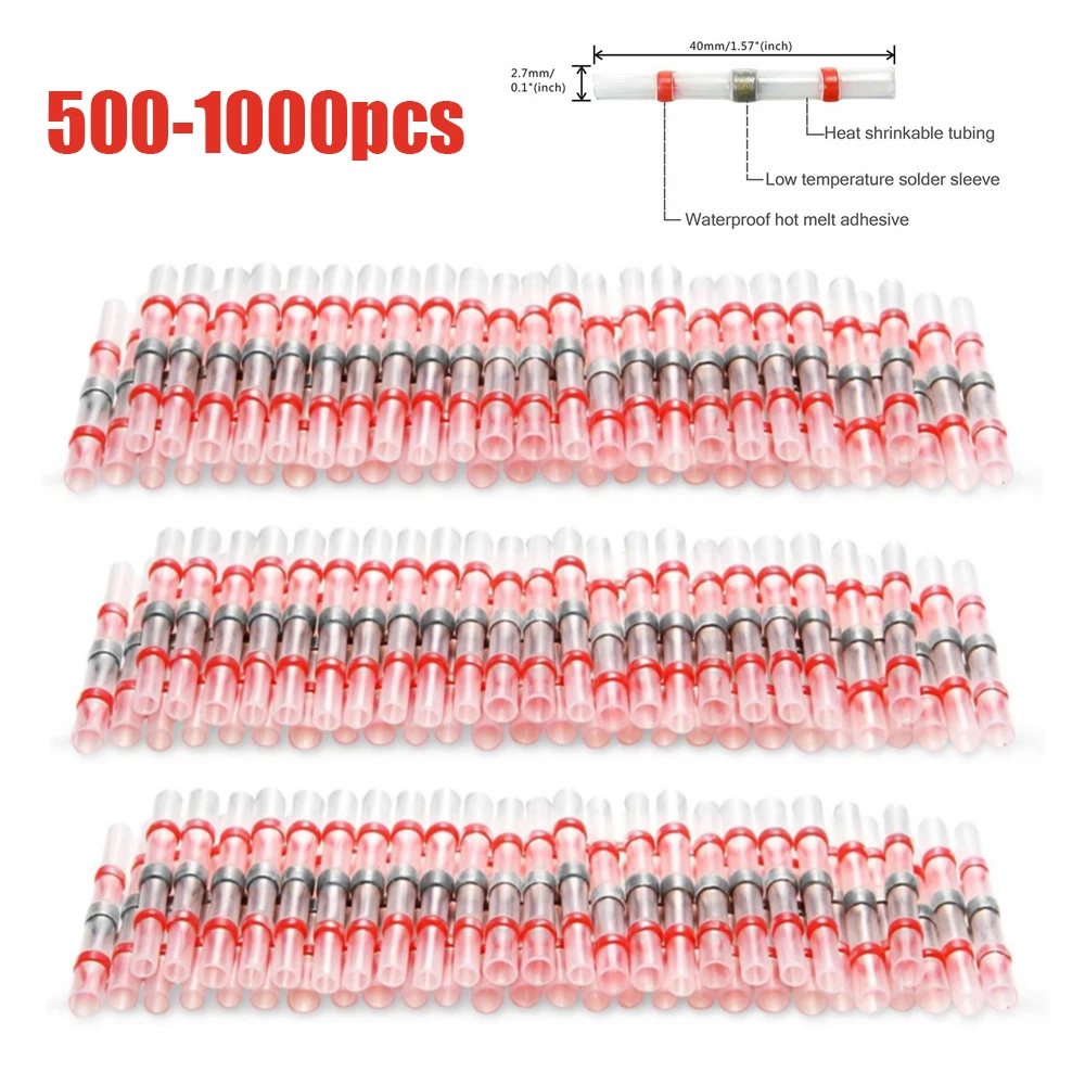 

100/500/1000PCS Waterproof Solder Seal Sleeve Splice Terminals Copper Heat Shrink Electrical Wire Butt Connectors AWG22-18 Red