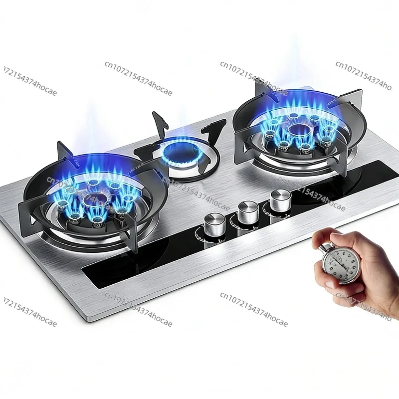 

Kitchen Household 5.2KW Fierce Fire Three-burner Double-Sided Timing Gas Stove Desktop/Embedded Anti-oil Flip Cover Gas Stove