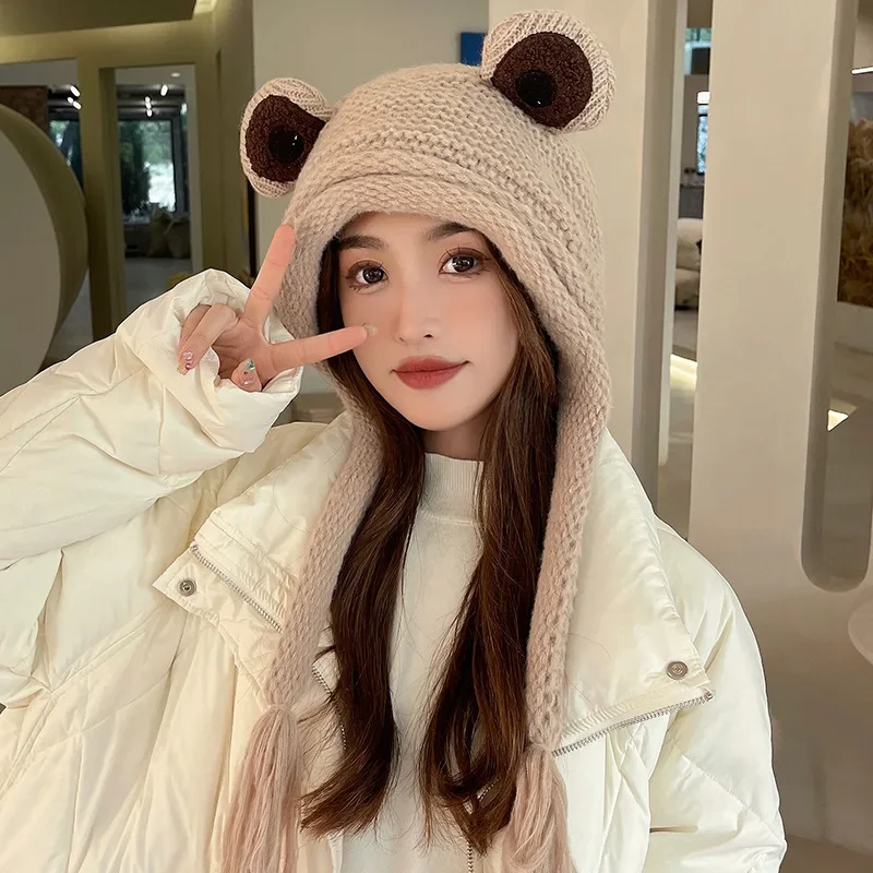 Winter Fashion Women\'s Crochet Frog Headband Hat Beanie Cute Cartoon Big Eyes Frog Ear Guards Warm Earmuffs Cap