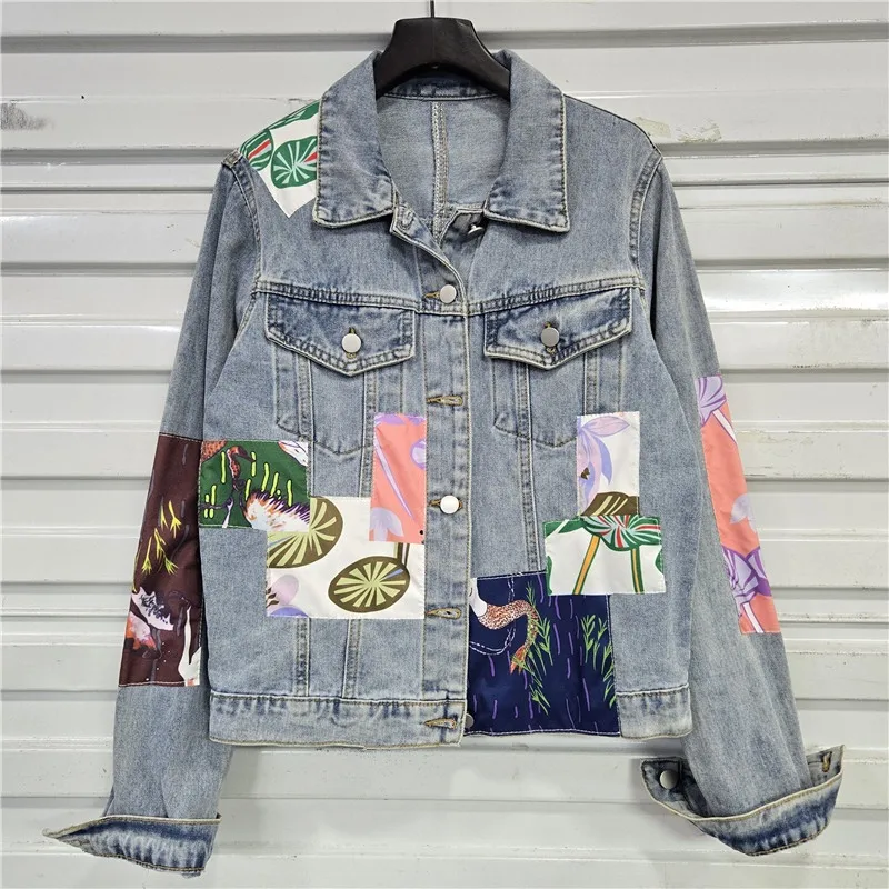 

Spring Autumn Women Vintage Blue Short Denim Jacket Fashion Patch Print Patchwork Turndown Collar Long Sleeve Jeans Jacket Coat