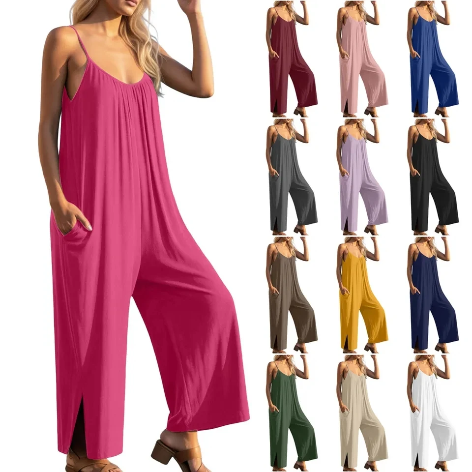 

Jumpsuit Women Summer Beach Vacation Adjustable Strap Jumpsuits With Side Pockets Sleeveless Romper Solid Casual Overalls