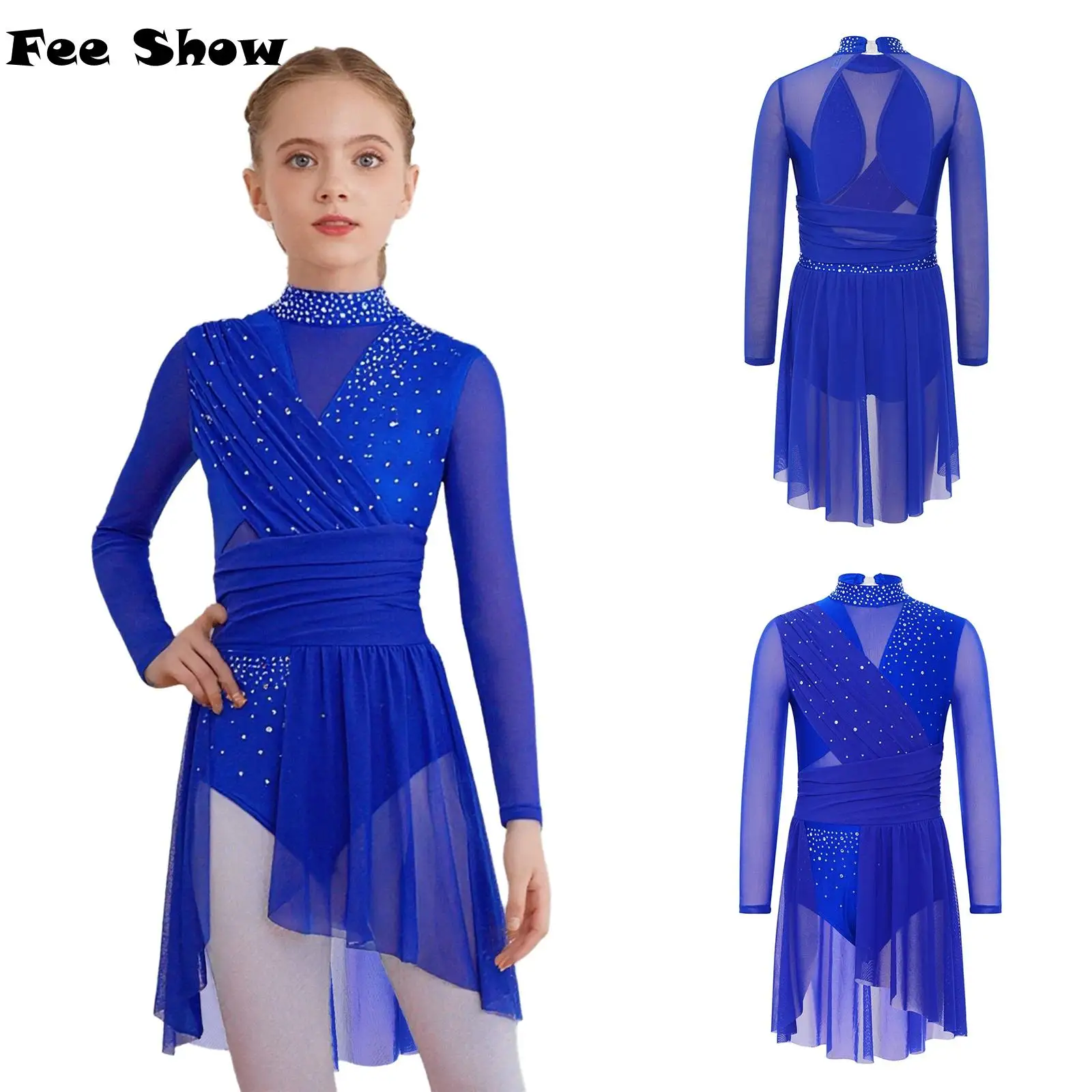 

Костюм для лирического танца для девочек, платье с воротником-стойкой, длинными рукавами и вырезом сзади, с разрезом по бокам, прозрачное сетчатое платье с рюшами и блестящими стразами