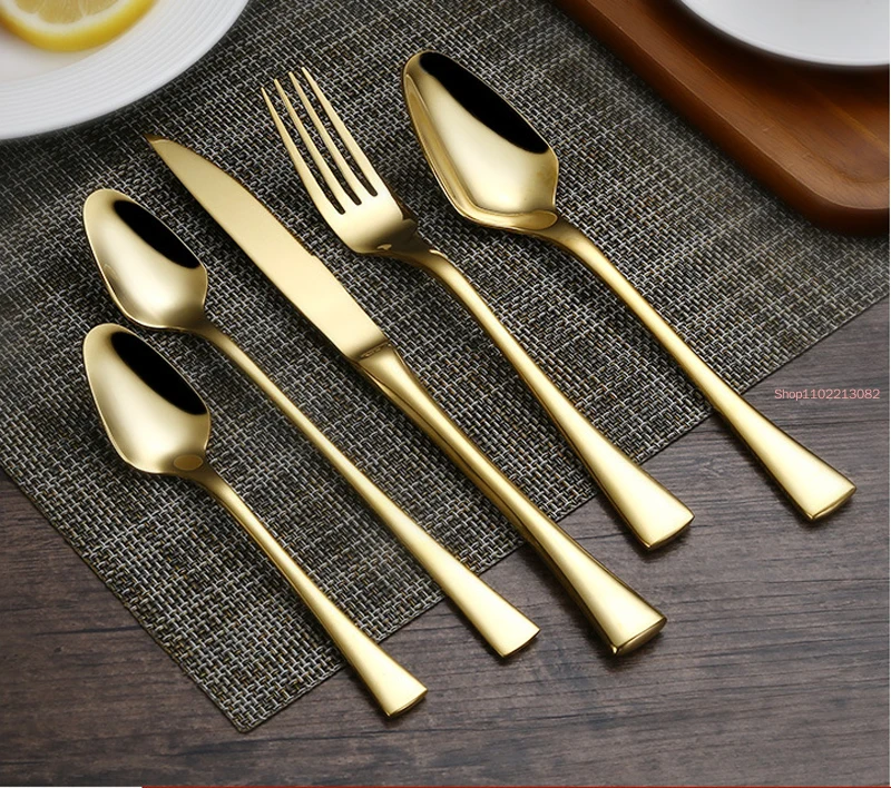 5pcs Set, Golden Stainless Steel Hotel Tableware, Metal Flatware European Dinner Cutlery Knife, Dinning Fork and Spoon Set