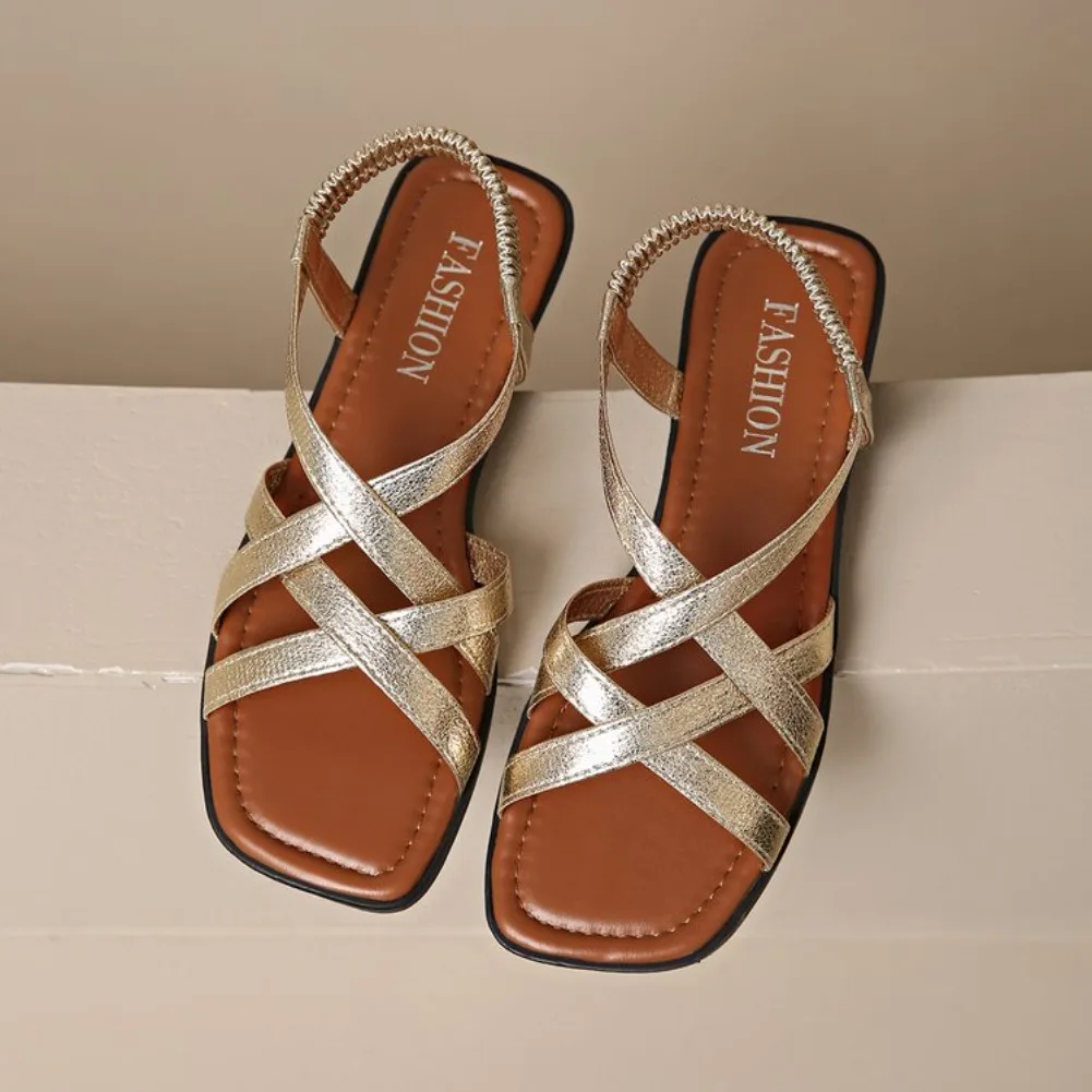 Large Size Fashionable Roman Cross Strap Flat Bottom Sandals Women's Beach Elastic Band Sandals Comfortable Womens Sandals
