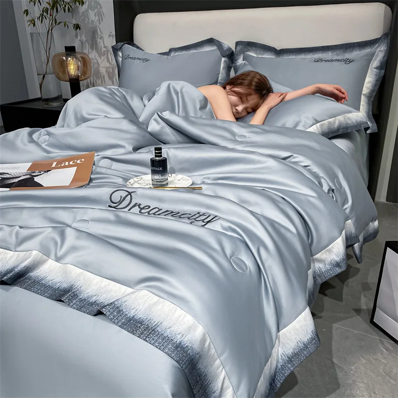 Summer Ice Silk Thin Quilt Silky Smooth Breathable Thin Quilt Double Large Luxury Embroidered Washed Silk Air Conditioner Quilt