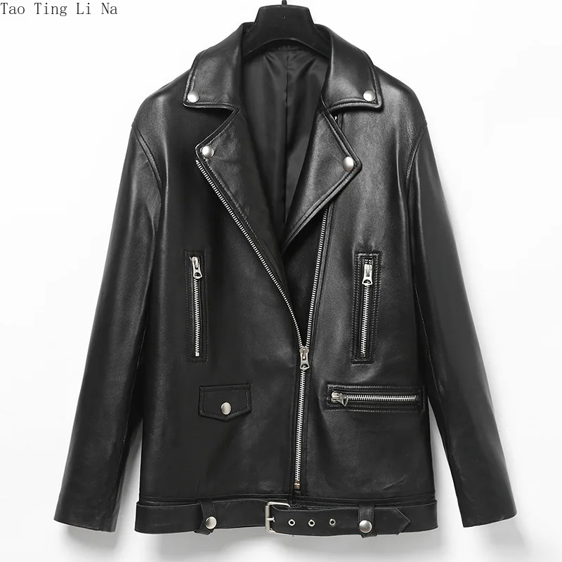 Tao Ting Li Na Genuine Sheep Leather Jacket Women New Mid-Length Loose Motorcycle Real Sheep Leather Jacket R15