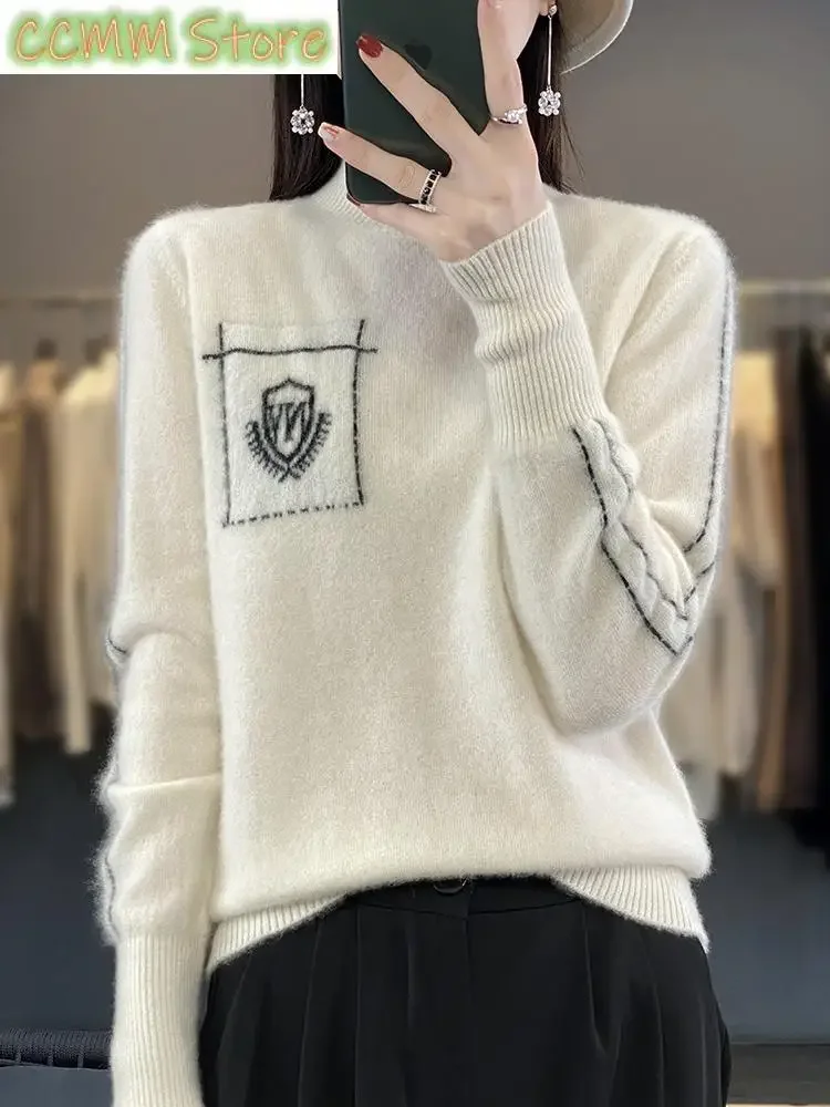 

Fashion Autumn Winter Women's 100% Pure Merino Wool Sweater Half-high Collar Pullover Basis Casual Cashmere Female Clothing Tops