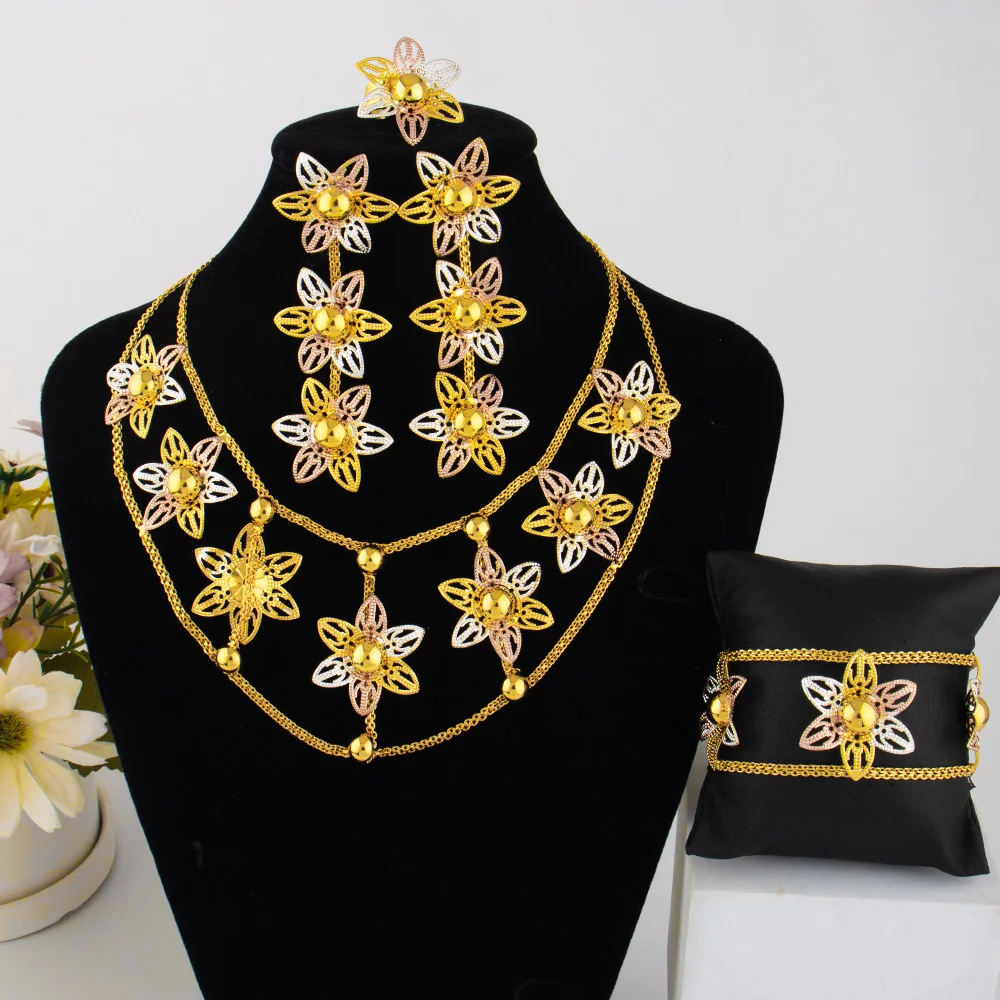 4-teiliges Schmuckset für Damen, vergoldet, mit Gänseblümchen-Muster: Halskette, Ohrringe, Armreif, Blumenring, Schmuck für den täglichen Gebrauch, Geschenkidee – Detail 11
